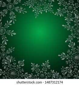 Christmas illustration with frame of large complex translucent snowflakes on green background. Transparency only in vector format