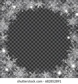 Christmas illustration with frame of translucent snowflakes in shape of circle in white colors on transparent background. Transparency only in vector file