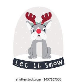 Christmas illustration with french bulldog in snow ball and text Let it snow on white background.