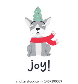 Christmas illustration with french bulldog and text Joy.