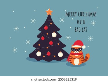  Christmas illustration with a funny bad cat and decorated Christmas tree