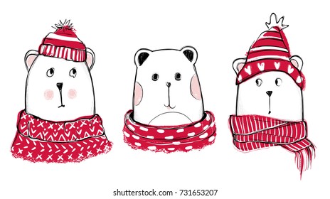 Christmas illustration with funny bears. Hand drawn vector teddy with red sweater, scarf and hat. Happy New Year collection. Winter design. Happy holidays template. Cartoon animals. Xmas 2018 card.