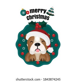 Christmas illustration with funny bull  dog.