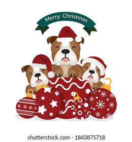 Christmas illustration with funny bull  dog.