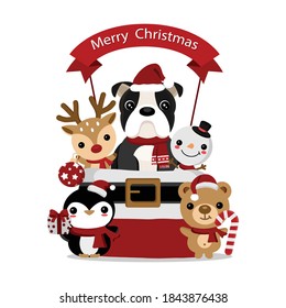 Christmas illustration with funny bull  dog.
