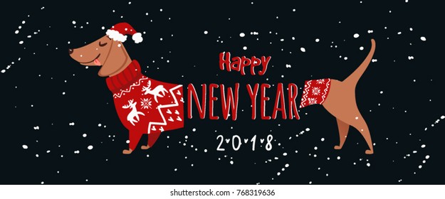 Christmas illustration with funny dachshund dog. Vector puppy wearing red sweater and hat. Happy New Year 2018 collection. Winter design. Happy holidays template. Cartoon animal. Xmas 2018 card.