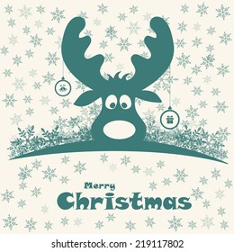 christmas illustration with funny deer, vector