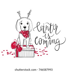 Christmas illustration with funny dog. Hand drawn vector puppy and gift box. Happy New Year collection. Winter design. Happy holidays template. Cartoon animals. Xmas card.