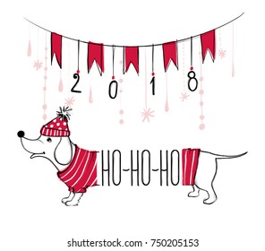 Christmas illustration with funny dog. Hand drawn vector puppy with red sweater and hat. Happy New Year collection. Winter design. Happy holidays template. Cartoon animals. Xmas 2018 card.