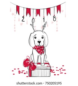 Christmas illustration with funny dog. Hand drawn vector labrador puppy and gift box. Happy New Year collection. Winter design. Happy holidays template. Cartoon animals. Xmas 2018 card.