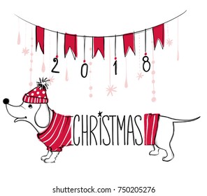 Christmas illustration with funny dog. Hand drawn vector puppy with red sweater and hat. Happy New Year collection. Winter design. Happy holidays template. Cartoon animals. Xmas 2018 card.
