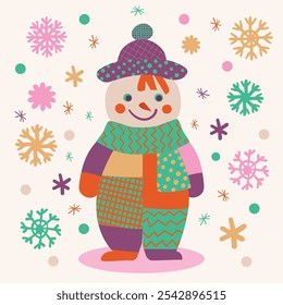 Christmas Illustration with a funny patchwork snowman boy with snowflakes. Pink, green, violet. For postcards, children, patterns. invitations