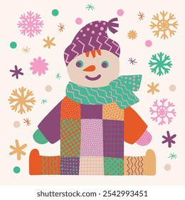 Christmas Illustration with a funny patchwork snowman baby with snowflakes. Pink, green, violet. For postcards, children, patterns. invitations