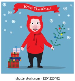 Christmas illustration with funny pig and Christmas gift.