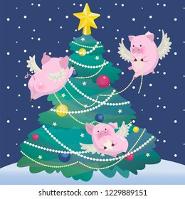 Christmas illustration. Funny pink flying pigs decorate the Christmas tree.