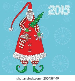 Christmas illustration with funny Santa Claus, 2015 new year card with sheep. vector illustration