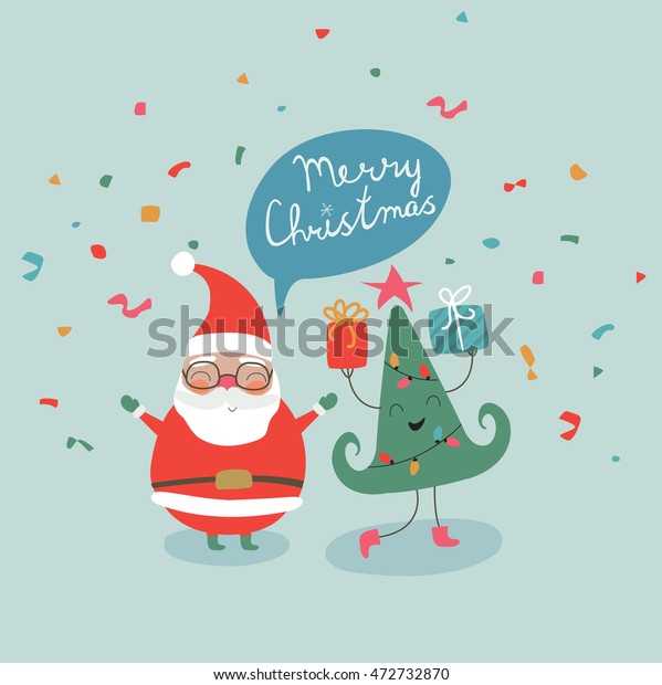Christmas illustration with funny Santa Claus and\
christmas tree in cartoon\
style