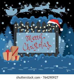 christmas illustration with a garland on a wooden fence