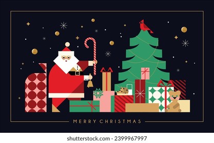 Christmas illustration in geometric minimalist style with Christmas tree multiple gift boxes and Santa.