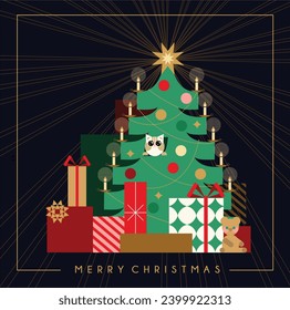 Christmas illustration in geometric style with Christmas tree gift boxes and cute cat with eyes full of sparks