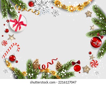 Christmas illustration with gift, tinsel, candy cane, stars, snowflakes on light background. Beautiful festive backdrop with place for text. Flat lay composition