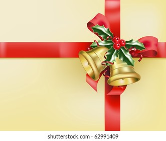 a christmas illustration of a gift wrapped present with a detailed bow, with bells and holly attached.