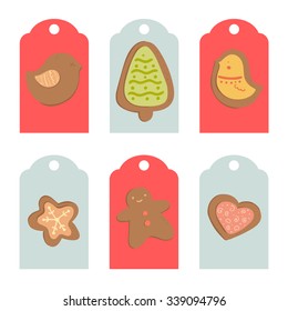 Christmas illustration with ginger biscuit. Tag with gingerbread cookie - tree, bird, man, star, heart.