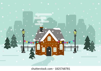 Christmas illustration with gingerbread house, smoke, trees, snowflakes, garlands, lanterns in mint colors