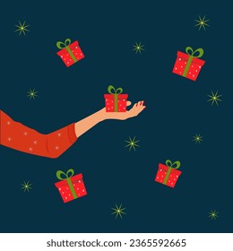 Christmas illustration - girl with gift boxes. Stock vector illustration.