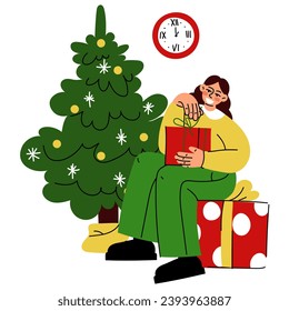 Christmas illustration of a girl opening a gift on the background of a Christmas tree. It's time to give gifts. Unpacking a gift. Vector. Gifts and surprises. Merry Christmas and Happy New Year