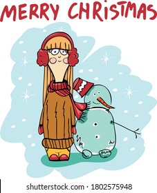 Christmas illustration with a girl and a snowman. Vector illustration of cute greeting card for merry christmas and happy new year. Freehand drawing.