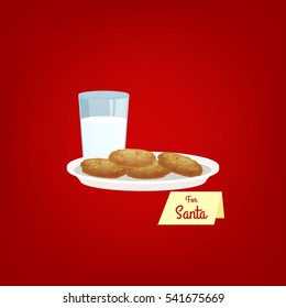 Christmas Illustration Of A Glass Of Milk And Cookies On A Plate  And Sign For Santa