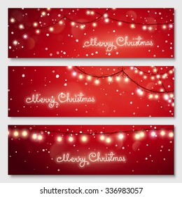 Ilustração de Natal. Projeto de lâmpadas incandescentes. Banners vetoriais definidos. Modelo de cabeçalho do site.