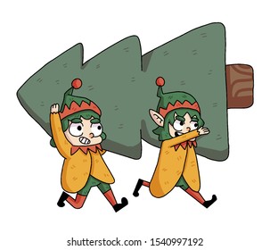 Christmas illustration gnomes lifting christmas tree