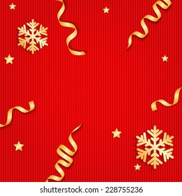 Christmas illustration with gold snowflakes and ribbons 