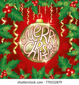 Christmas illustration with golden ball and holly.
