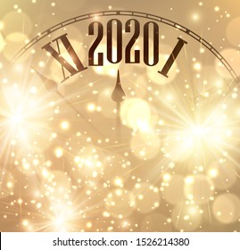 Christmas illustration. Golden shining 2020 New Year background with clock. Winter decoration - Vector