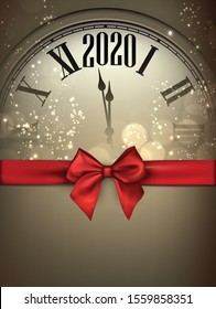 Christmas illustration. Golden shining 2020 New Year background with clock and red satin bow. Winter decoration - Vector