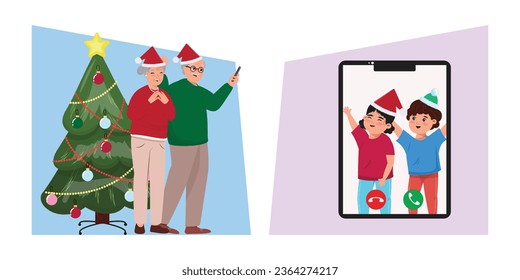 Christmas illustration with grandparents standing next to the Christmas tree and video calling via cell phone their grandchildren at Christmas 