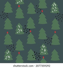 
Christmas illustration with green Christmas trees, red stars and black dots on a blue background.New Year's print for textiles,scrapbooking,postcards and wrapping paper