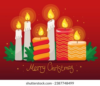 Christmas illustration, greeting card. Burning Christmas candles on a red background. Red and yellow candles. New Year. Festive, magical design. 
Golden inscription "Merry Christmas".