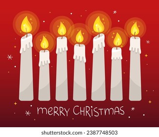 Christmas illustration, greeting card. Burning Christmas candles. Many white church candles on a red background. New Year. Festive, magical design. White inscription "Merry Christmas".