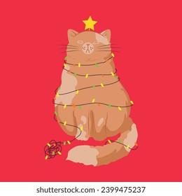 Christmas illustration greeting card. Merry Christmas celebration. Greeting card illustration. Christmas cat. Character design minimal. Cute cat drawing