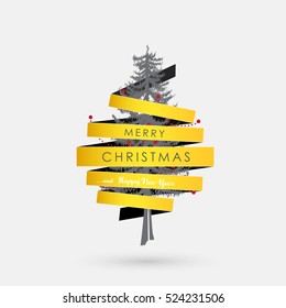 Christmas illustration greeting card template with pine Christmas tree with red decoration and covered with yellow ribbon around.