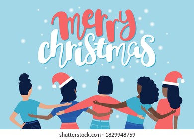 Christmas illustration. Group of men of different nationalities stand hugging together. Vector illustration in a flat style