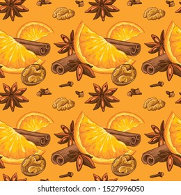 Christmas illustration hand draw vector. Star anise, cinnamon, walnut, cloves and orange. Isolated. Winter spices. Pattern