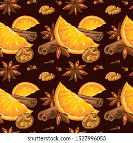Christmas illustration hand draw vector. Star anise, cinnamon, walnut, cloves and orange. Isolated. Winter spices. Pattern