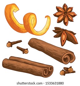 Christmas illustration hand draw vector. Star anise, cinnamon rolls, cloves and orange peel. Isolated on white background. Winter spices.
