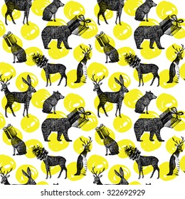 Christmas Illustration Hand Drawn In Black Ink. Xmas Seamless Pattern With Winter Animal Deer, Hare, Bear, Penguin With Head As Gift And Cone. Fashion Exotic Wallpaper Poster On A White Background