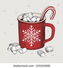 Christmas Illustration With Hand Drawn Red Cup Of Hot Chocolate With Marshmallow. Vector Illustration In Sketch Engraving Style. Vintage Background